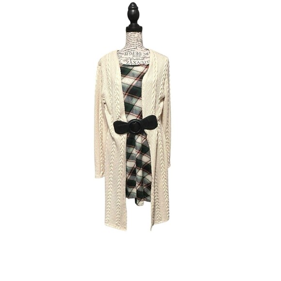 Plaid Patchwork Plaid Knit Dress Sweater Women XL Knee Length Long Sleeves Belt - Picture 1 of 7